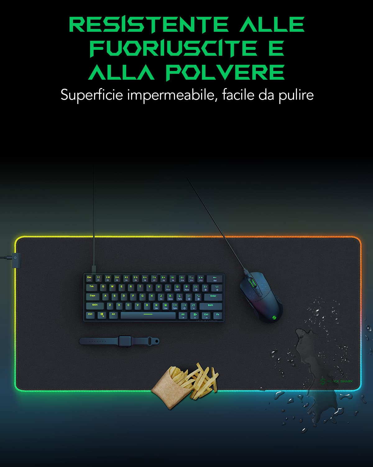 Black Shark Tappetino per mouse da gaming, XXL, 900 x 400 mm, 11 modalità di illuminazione a LED, superficie in microfibra, fondo in gomma antiscivolo, tappetino per mouse decorativo Manta P7