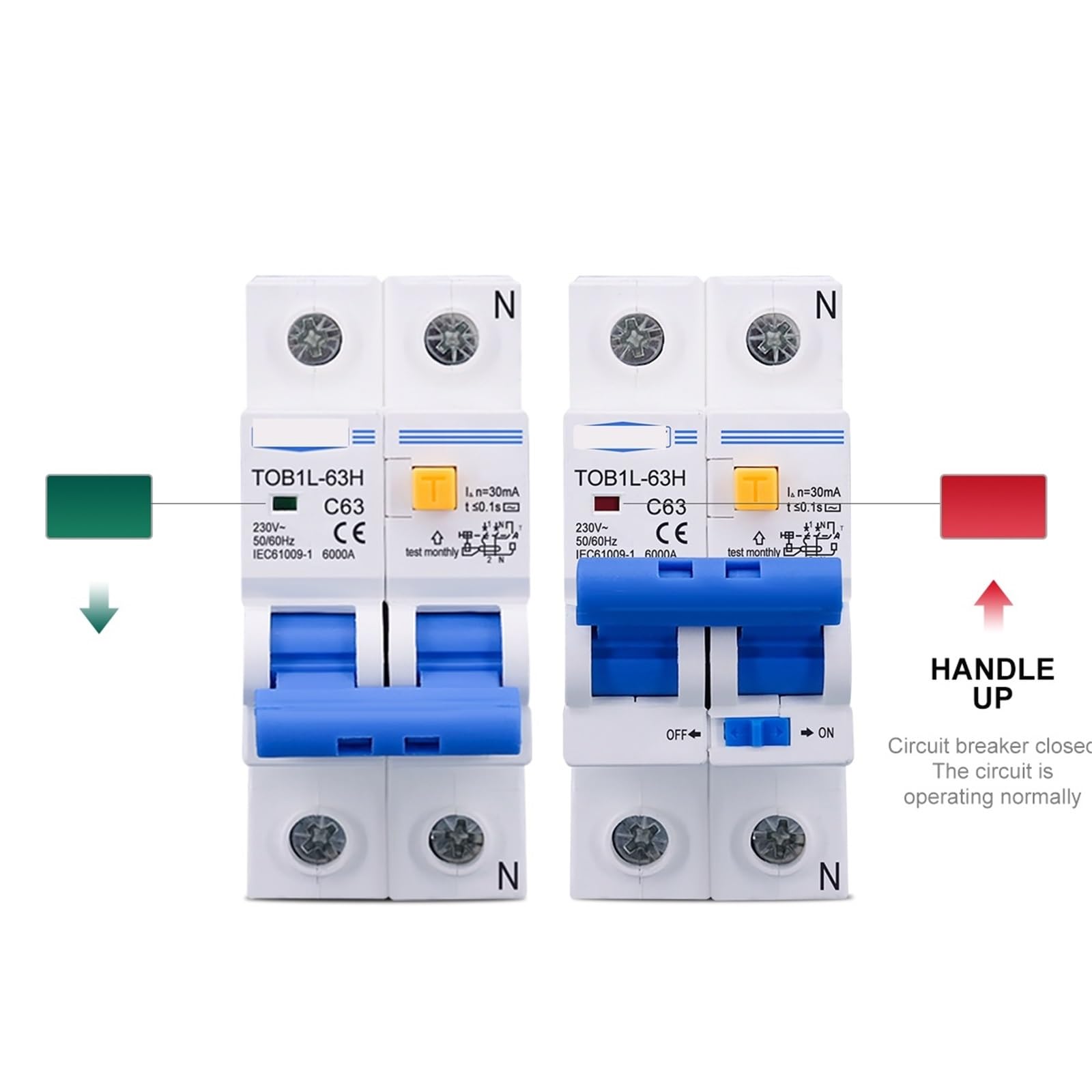 Genérico Interruptor diferencial TOB1L-63H 2P 63A 230 V CA 50 Hz/60 Hz(10A)