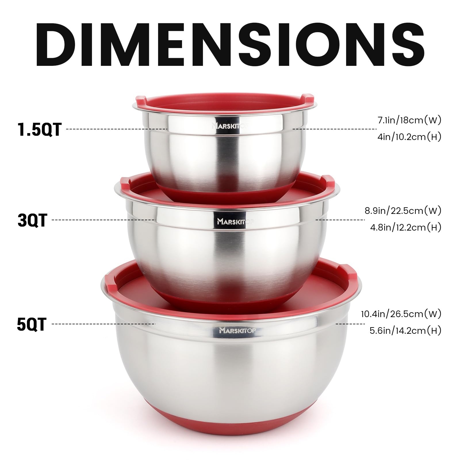MARSKITOP Juego de 3 cuencos de acero inoxidable con tapas, cuencos anidados con tapas herméticas, marcas de medición y fondo rojo antideslizante, ideal para mezclar y servir, 1.5QT, 3QT, 5QT