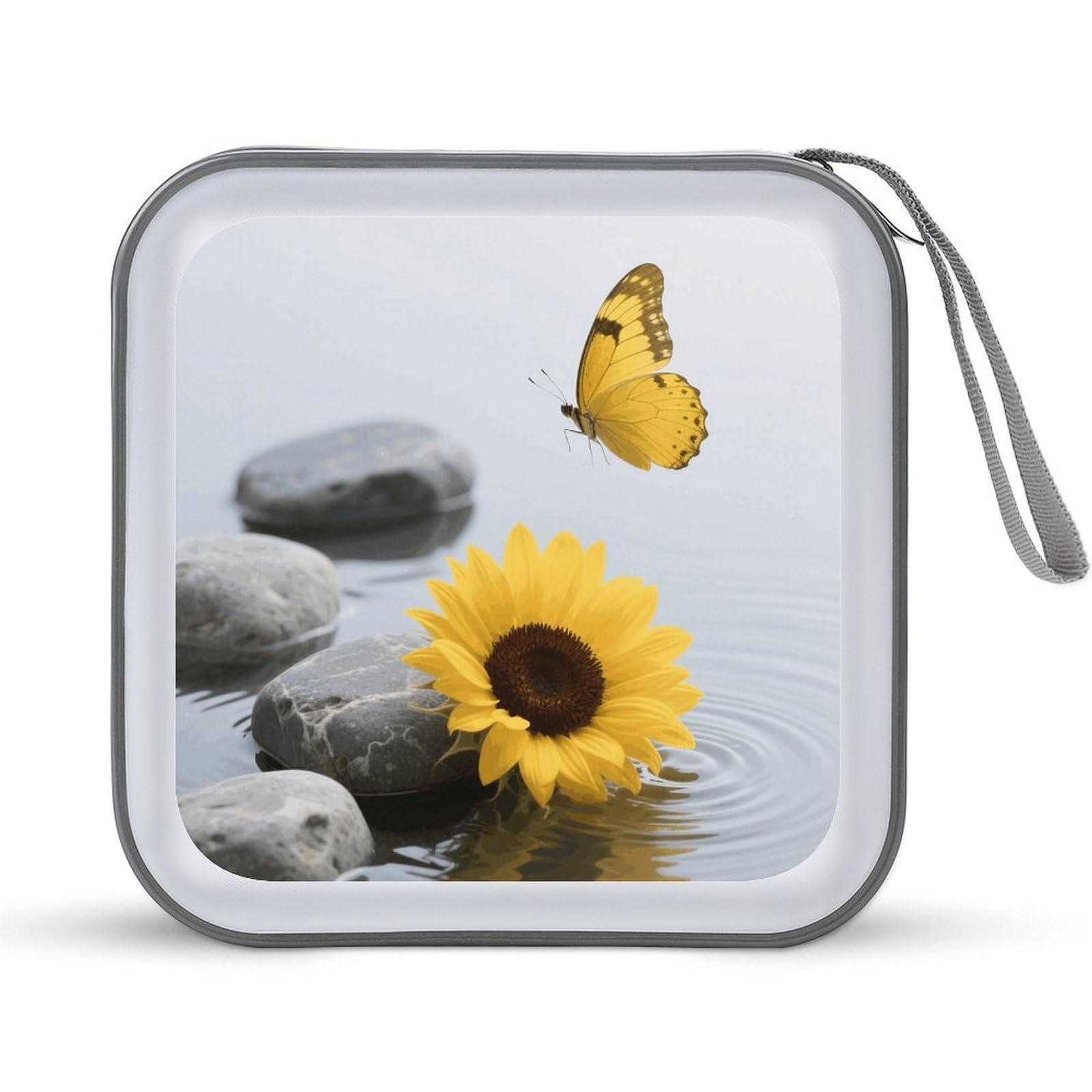 VstaDank - 40 Capacity Zen Stone Yellow Flower Butterfly CD Case with Zipper Disc Storage Organizer, Portable Hard Plastic CD Holder