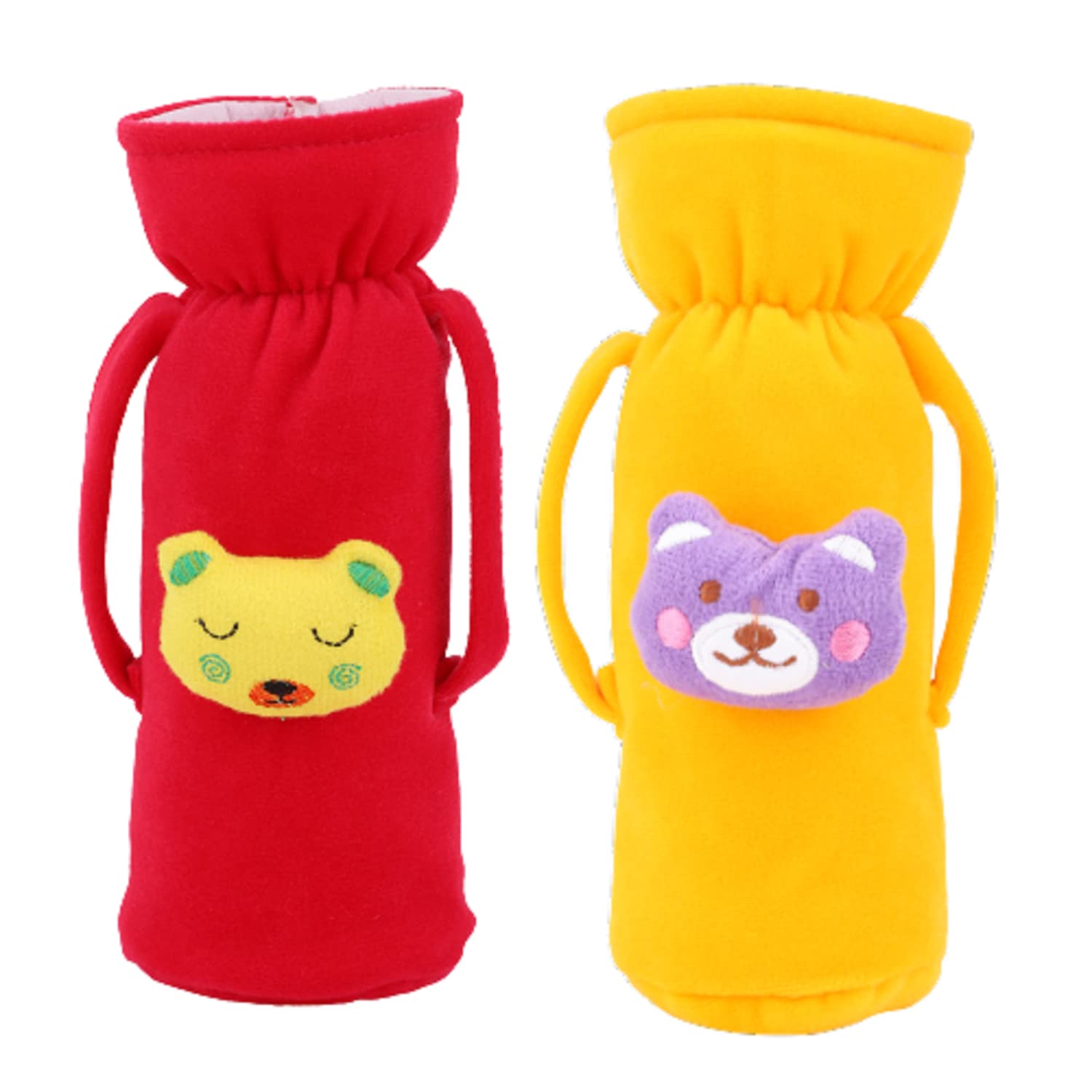 Soft Plush Stretchable Baby Feeding Bottle Cover | Pack of 2 | Suitable for 120–250 ml Feeders | Cute Animated Cartoon Design | Easy to Hold Strap | Elasticated Neck | Dark Pink & Yellow-image-12