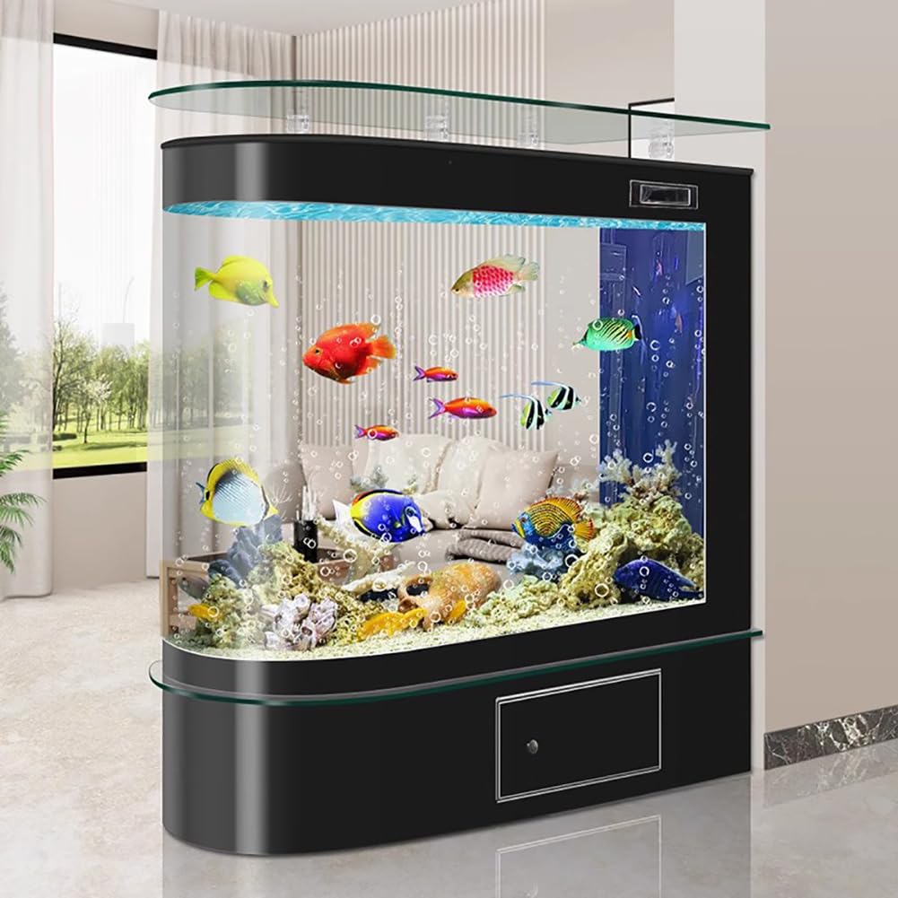 Moderno Acquario in Vetro Curvo, Acquario Intelligente Integrato, Acquario da Pavimento per Impieghi Gravosi, Sistema di Filtraggio Laterale, con Bancone in Vetro.,Length 130cm e