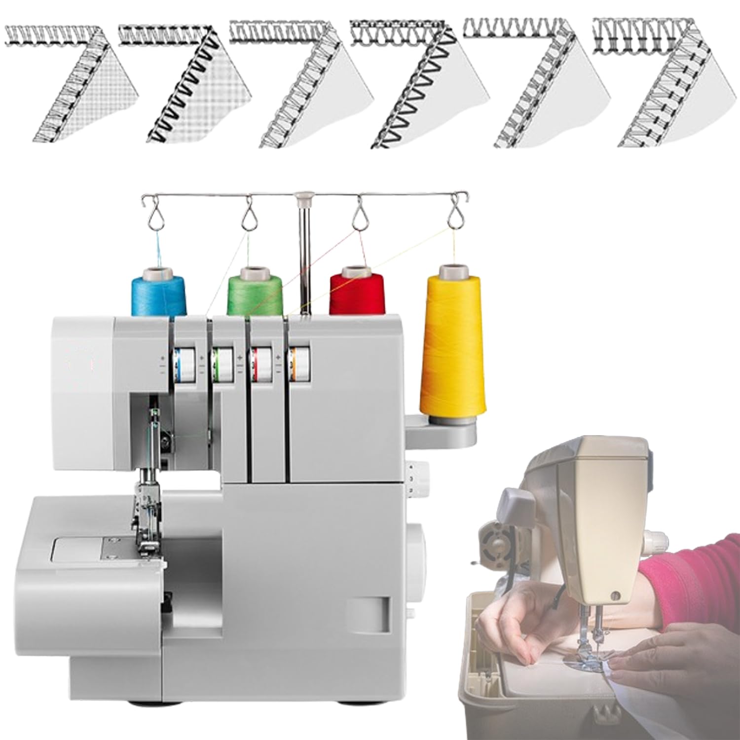 Maszyna do owerloków z gwintem 2/3/4, metalowa rama Serger, 1300 ściegów na minutę, długość ściegu 0-4 mm regulowana, różnica posuwu 1:0,7~1,2, z zestawem akcesoriów, do obszywania i dekoracyjnych
