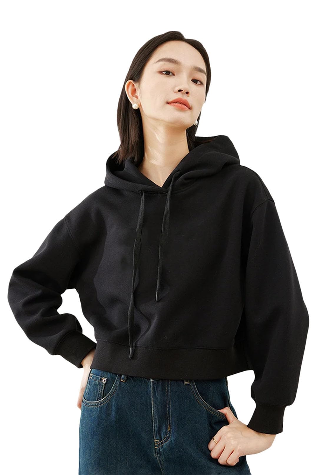 Sudadera corta con capucha para mujer, con estampado de letras, holgada, de manga larga
