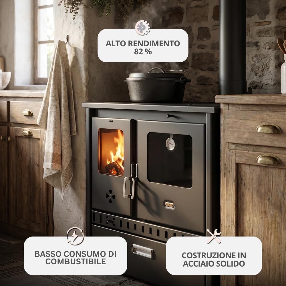 Prity 1P36D - Forno a legna con forno singolo, certificato CE, fornello da cucina compatto a combustibile solido