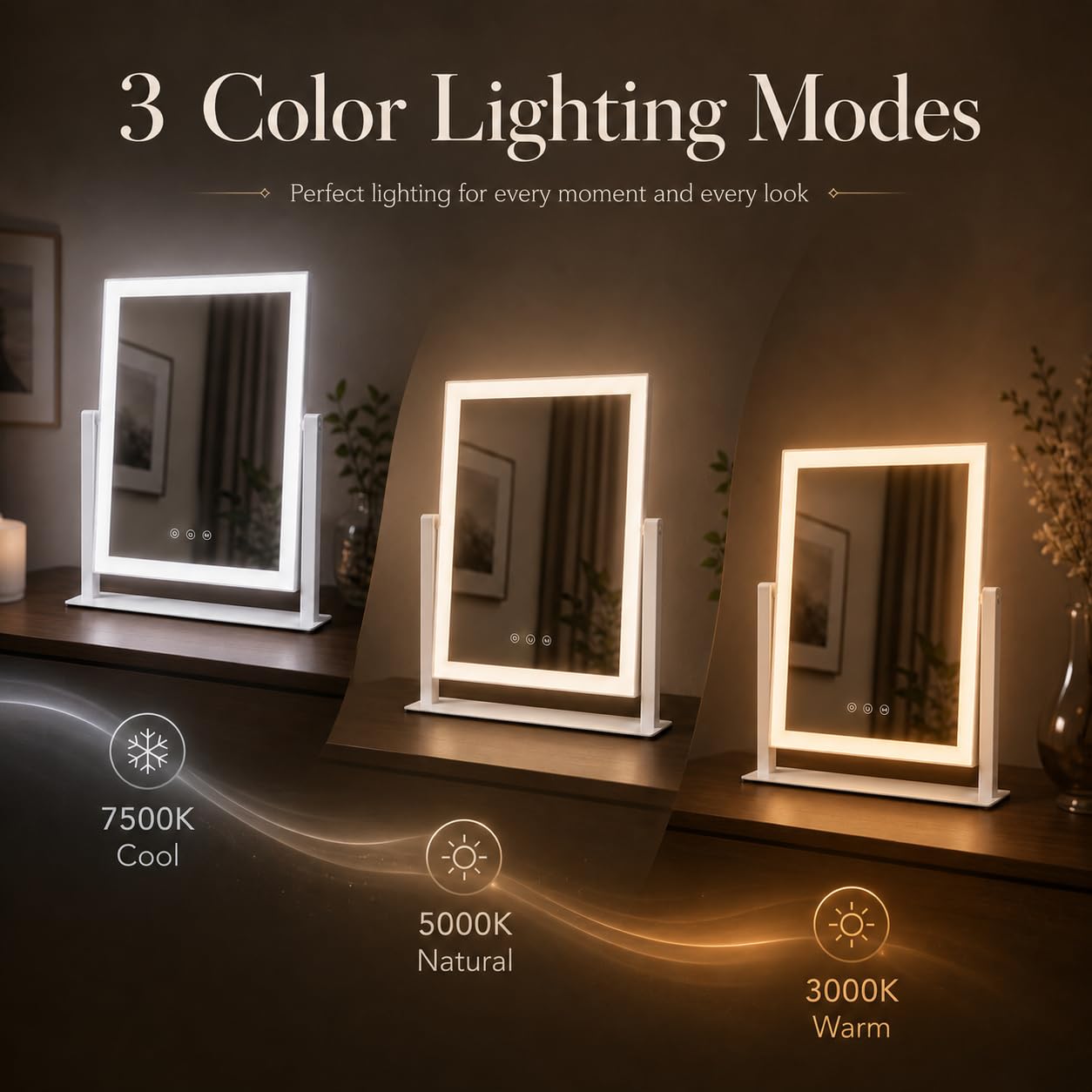 Decadence Espejo de maquillaje LED de 17.3 pulgadas con luces para mujeres y mamá, lupas desmontables 10X/5X, 3 modos de color, control táctil regulable, rotación de 360 grados, espejo cosmético de