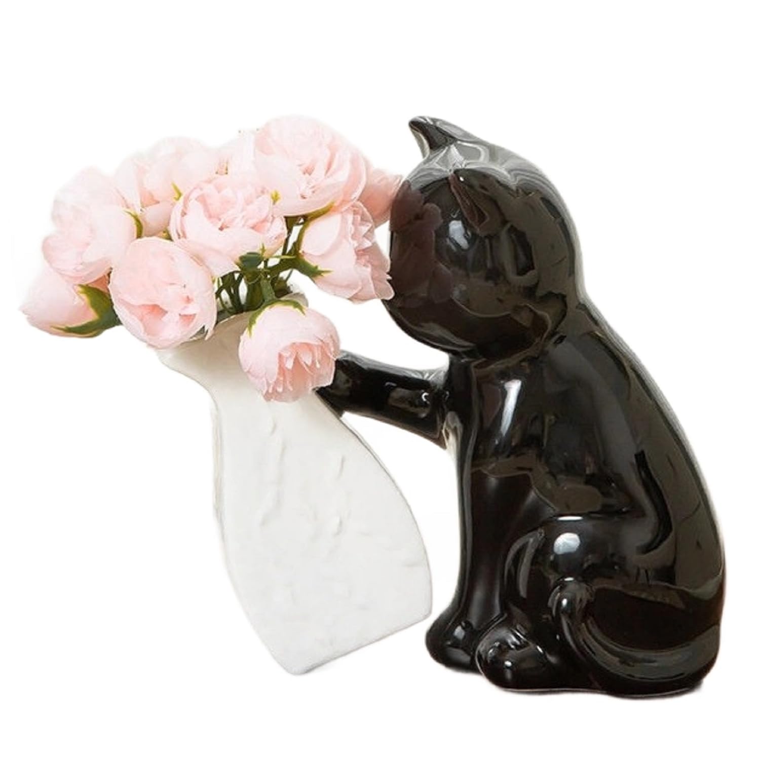 EdirFtra Black Cat Ceramic Vase Figurine, Cute Glossy Flower Holder Decor