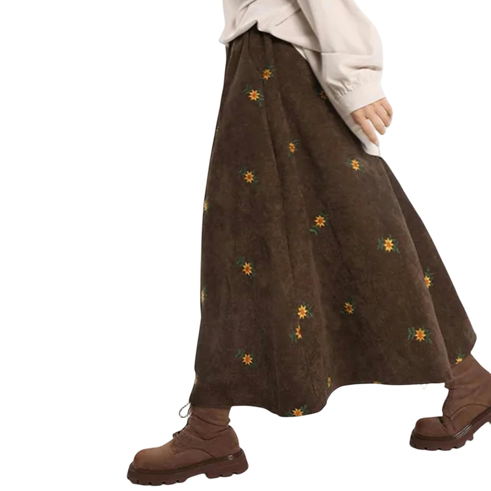 MdybF Gonna Jeans Donna Donne Autunno Inverno Velluto Ricami A Velluto Sciolte Floreali Casual retrò-caffè