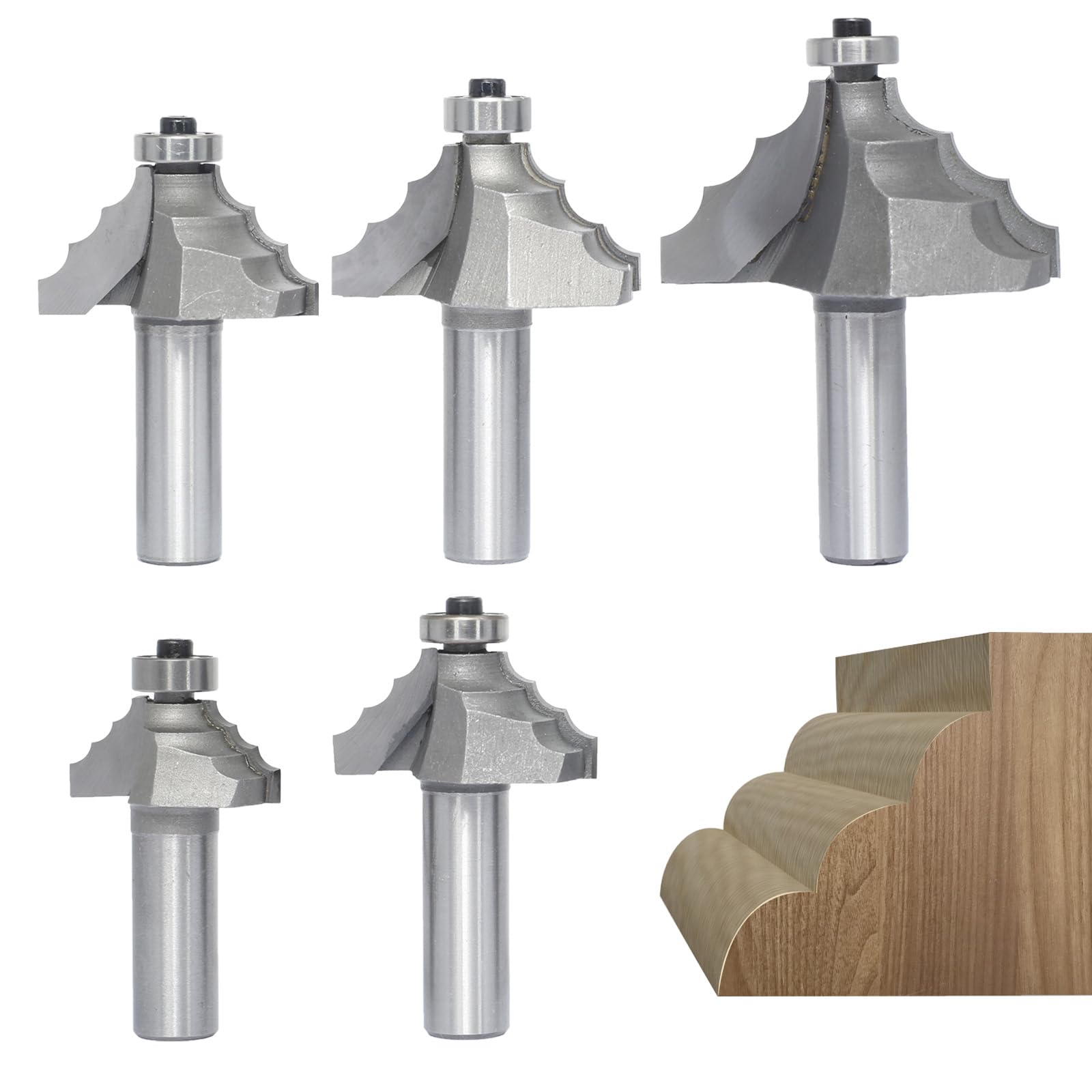 Akylin 5Pcs Triple Bead Ovolo Bit Set,1/2" Shank,Radius 3.5mm, 4.5mm, 5.5mm, 6mm and 7.8mm,Decorative Edge Bits with 3 Quarter-round Rounding Over,