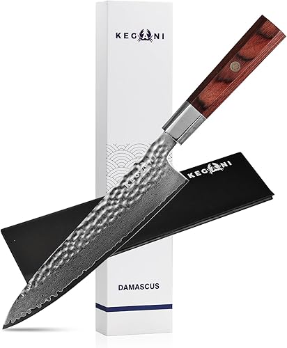 Kegani Damascus Japanese Chef Knife, 67 Layers VG-10 Japanese Knife Natural Hammered Chef Knife Japanese Rosewood Handle (Chef's Knife)