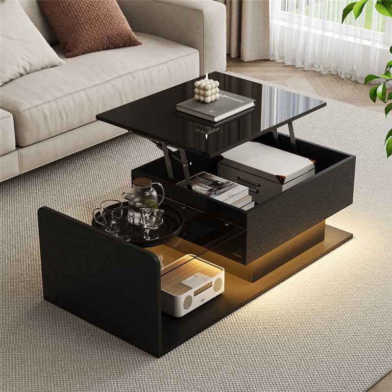 Table Basse Relevable avec Lumières LED100×50×47.5cm, Table de Salon Noir Haute Brillance, Table Basse avec Rangement, Plateau en Verre Trempé, Élégante...