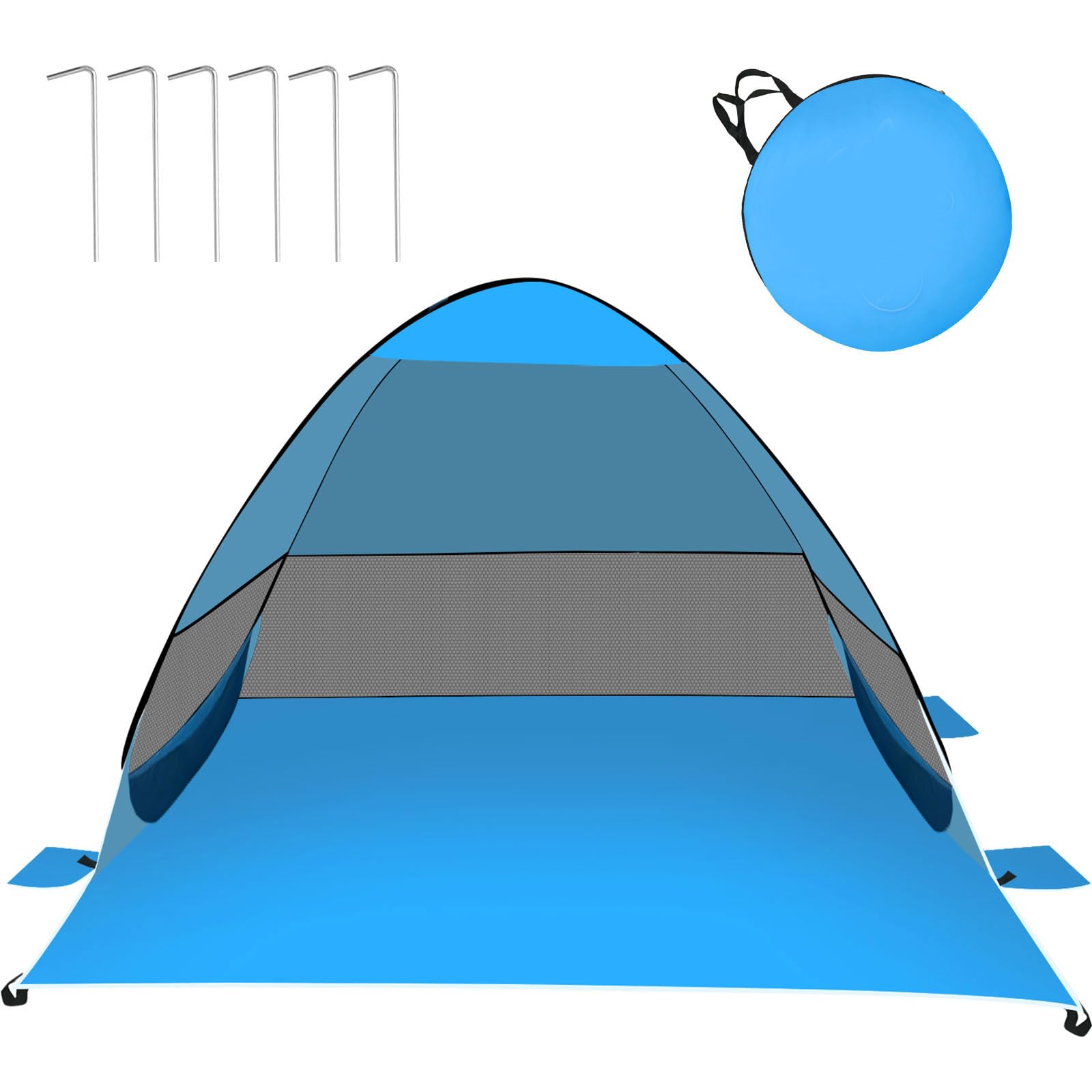 Yallmie Pop Up Beach Uv Tent Sun Shade Windproof Beach Shade for 3-4 Person, Beach Shelter Portable Sun Uv Protection with 4 Sandbags, Shade Tent for Fishing Hiking Camping (Light blue)