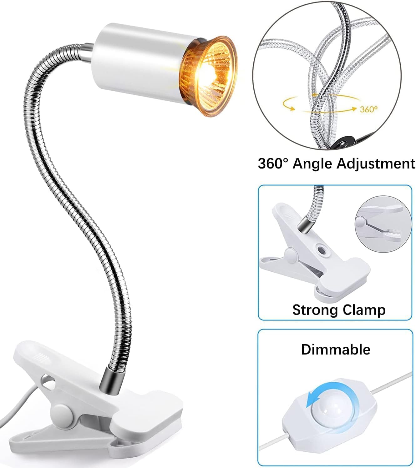 VAYINATO® White Reptile Heat Lamp Turtle Lights with Clip, UVA UVB Bulbs (50W) Aquarium Basking Lamp Adjustable Holder and Intensity Suitable for Birds During Winter & Reptiles By Petzlifeworld