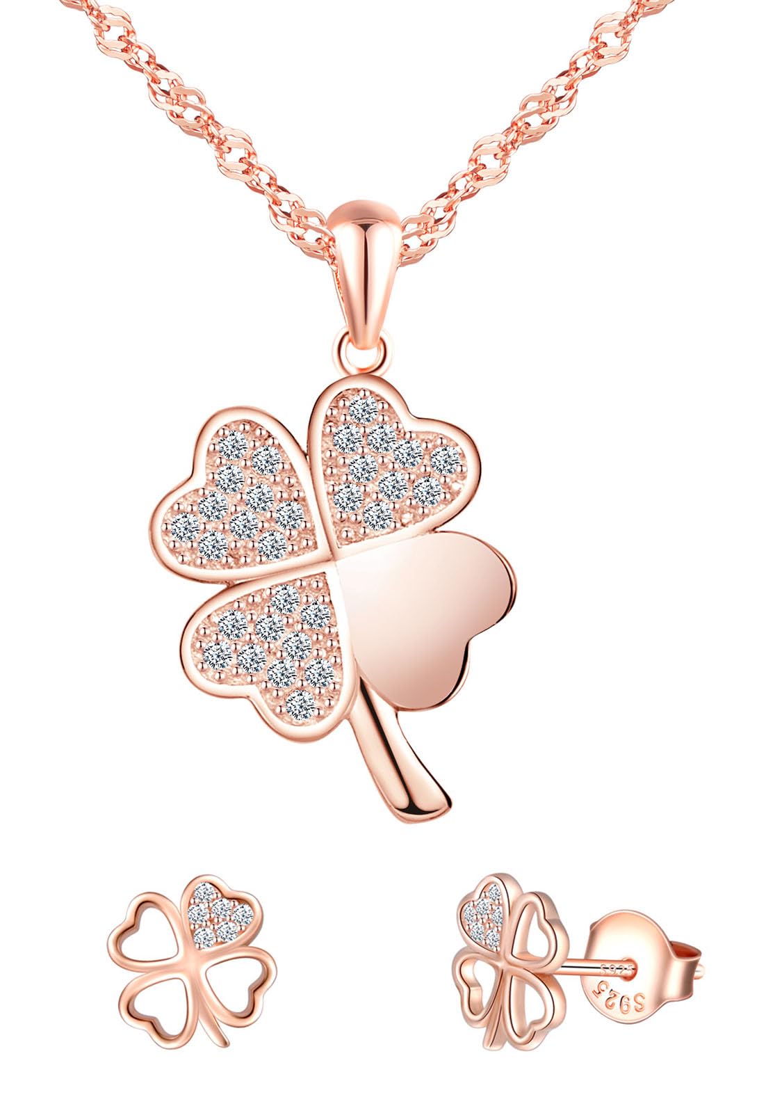 Juegos de Collar Pendientes Trébol para Mujer y Niñas, Colgante Trébol con Cadena 45cm, Aretes Trébol Circonita, Plata de Ley 925 Conjuntos Joyas de Cuatro Hojas Fiesta Cóctel