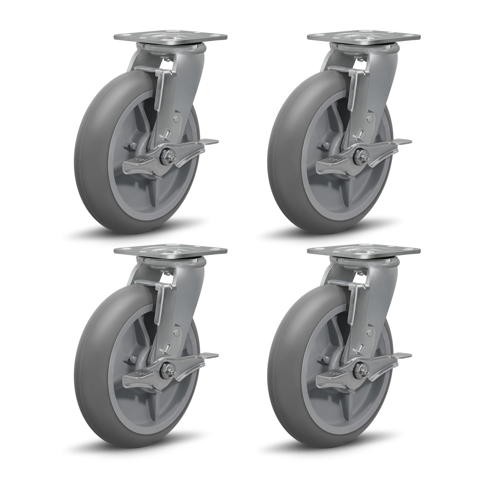 NINOSO Heavy Duty Caster Wheels, 8" x 2" Casters Set of 4 with Load 2800lbs Capacity, Plate Swivel Industrial Casters with Brake,Rubber Caster Wheels