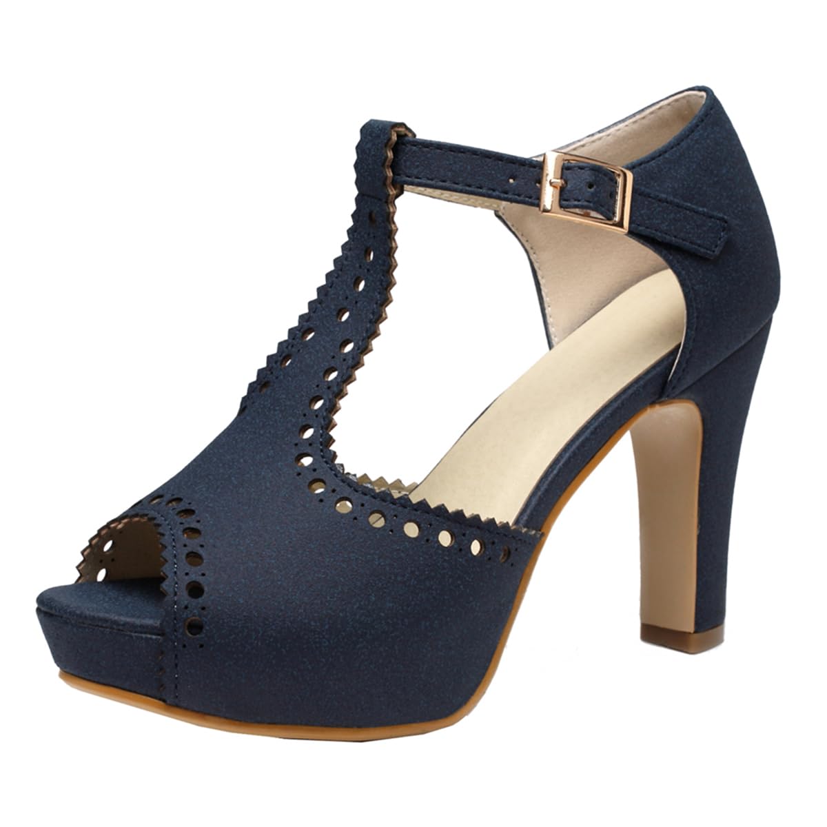 getmorebeauty Women's Vintage Heeled Sandals Suede Ankle T Straps Dress Block High Heel Sandals Women Shoes