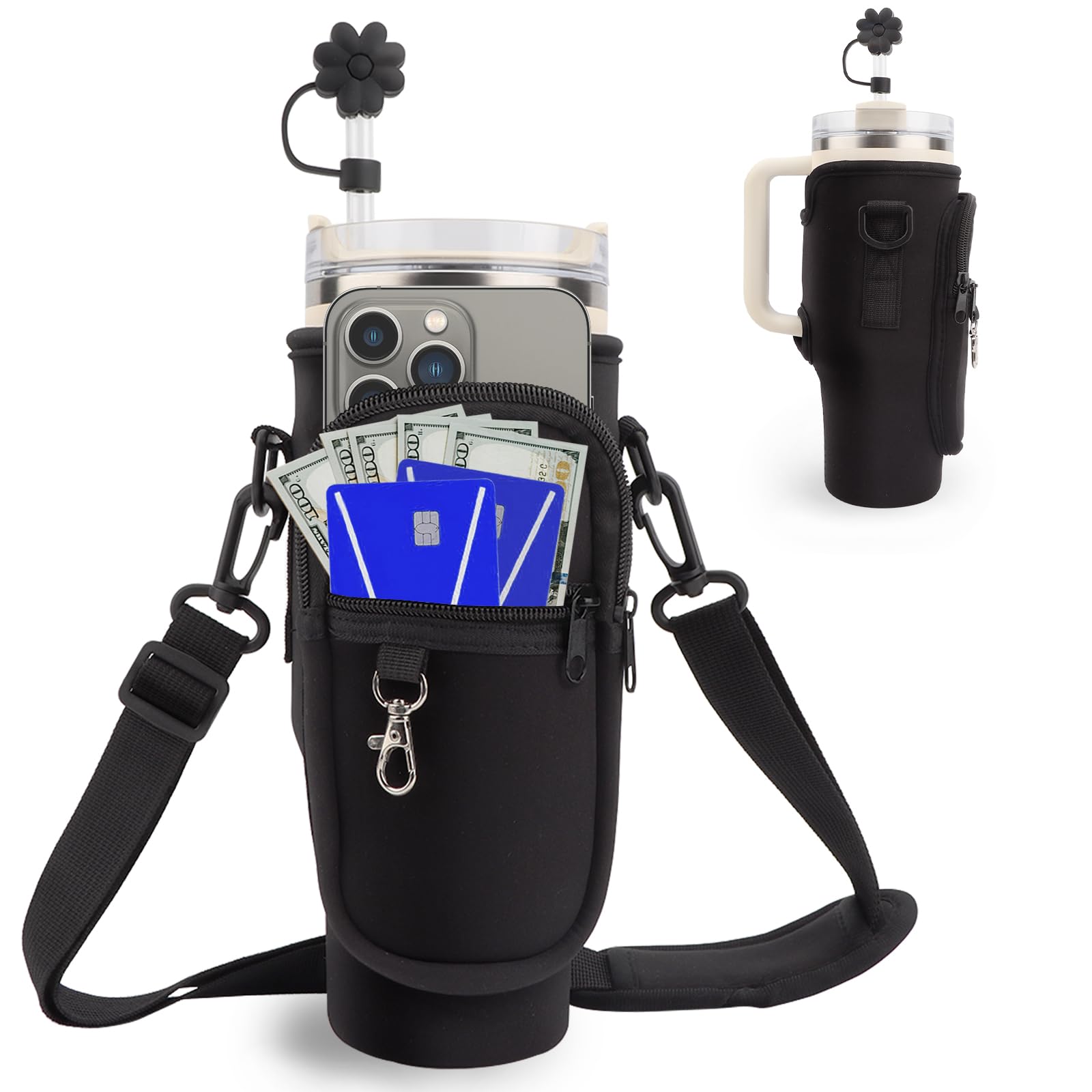 WALLFID Porta Bottiglia d'Acqua per Stanley 40oz Tumbler,con Tracolla Regolabile e Tasca per Telefono, Portaborraccia Zaino INC Neoprene con Cannuccia,per Camminate e Fitness(Nero)