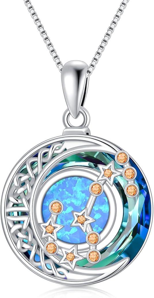 TOUPOP Zodiac Necklace 925 Sterling Silver Celtic Moon Constellation Pendant Necklaces with Blue Crystal and Blue Opal Jewelry Birthday Christmas Gifts for Women