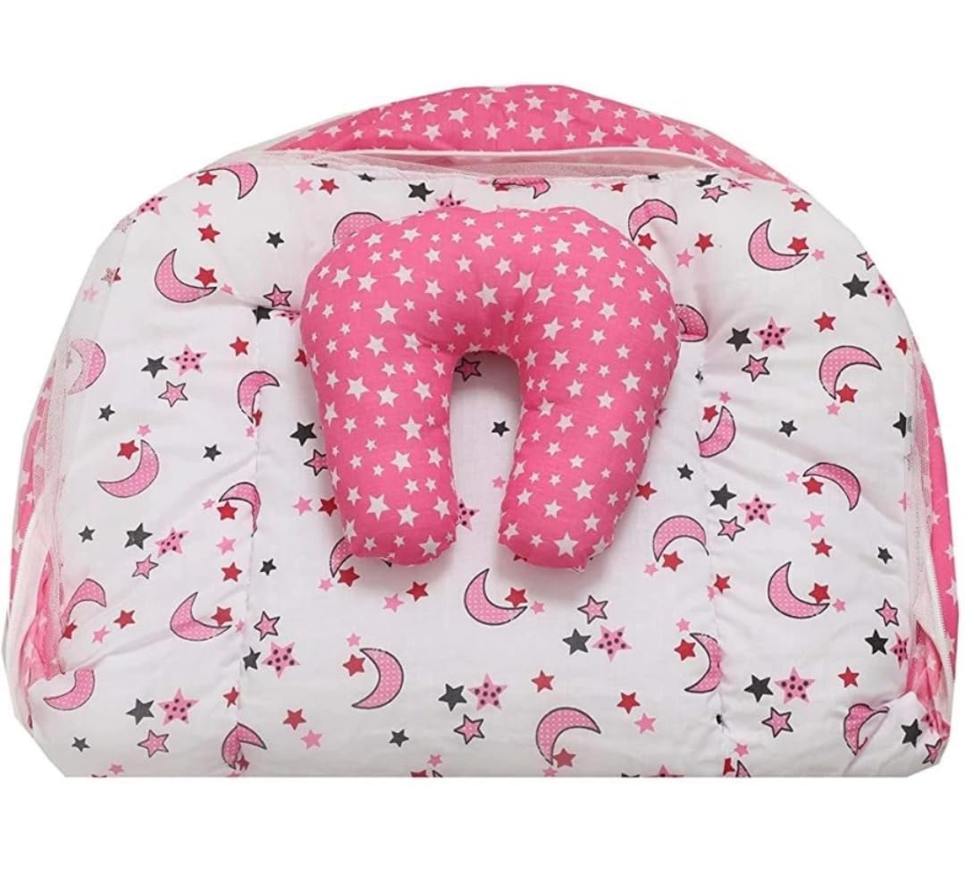 BULI - WEAR® Baby Bed Bedding Set for Boys & Girls | Mattress | Cotton | Neck Pillow | Gadda Set | Mosquito Net (Pink-SM-BS, 0-12 Months) 2