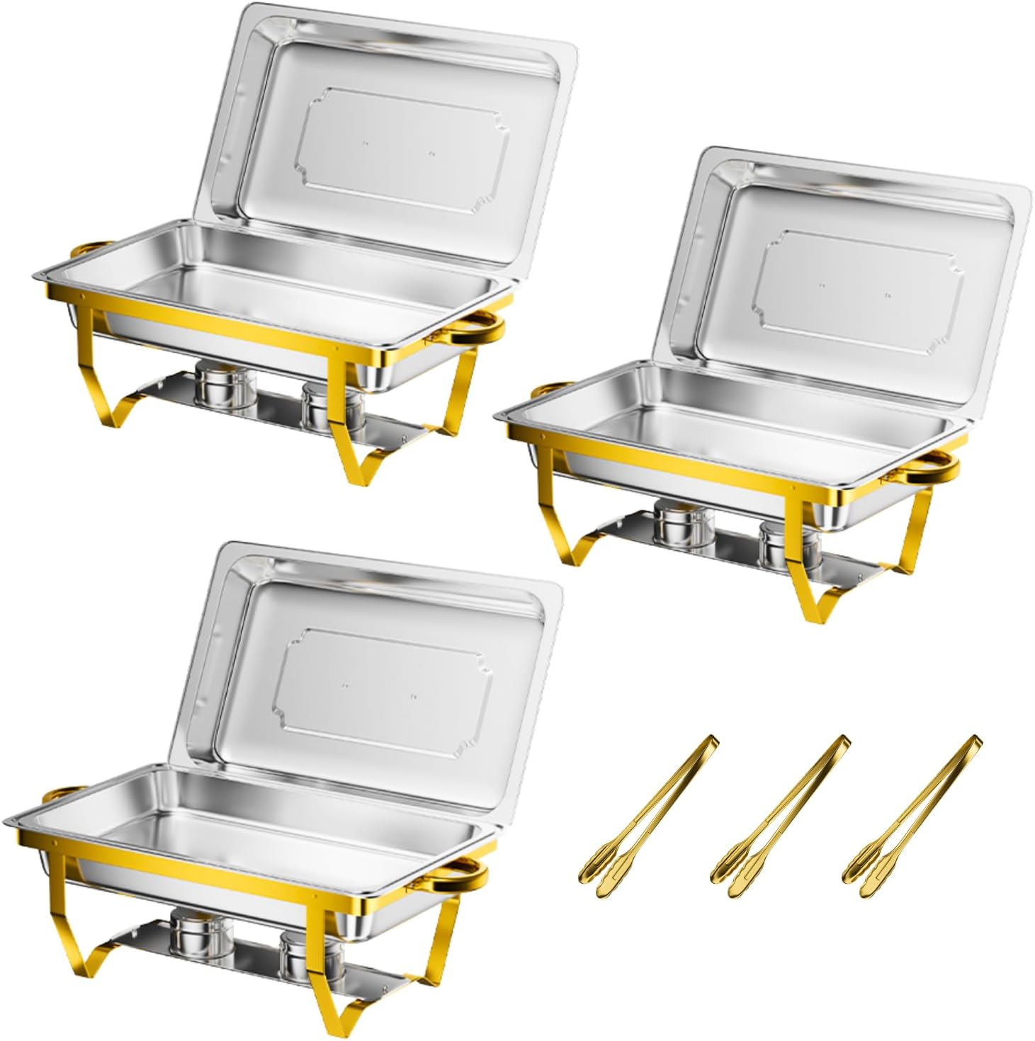 Gold Chafing Dishes for Buffet Set of 3, 9.5QT Chafing Dish Buffet Set, Chafers and Buffet Warmers Set, Stainless Steel Food Warmers for Parties Buffet, Party Food Warmer Buffet Set with Tongs 3 Pack-Full