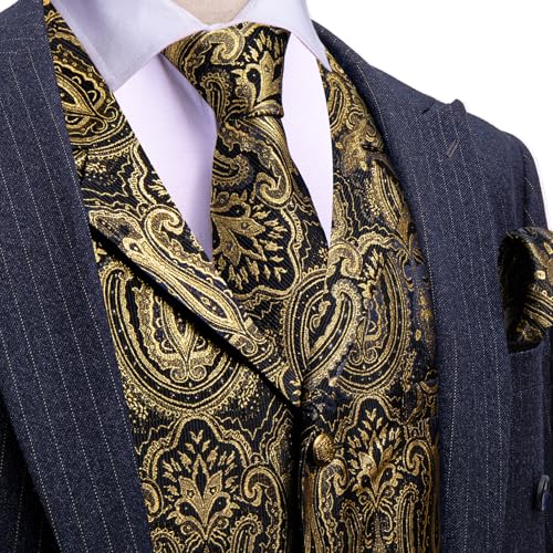 Image of Barry.Wang Mens Silk Lapel /Shawl Collar Vest Tie Sleeve Holder Set Formal /Casual Paisley Vests Wedding Tuxedo Waistcoat