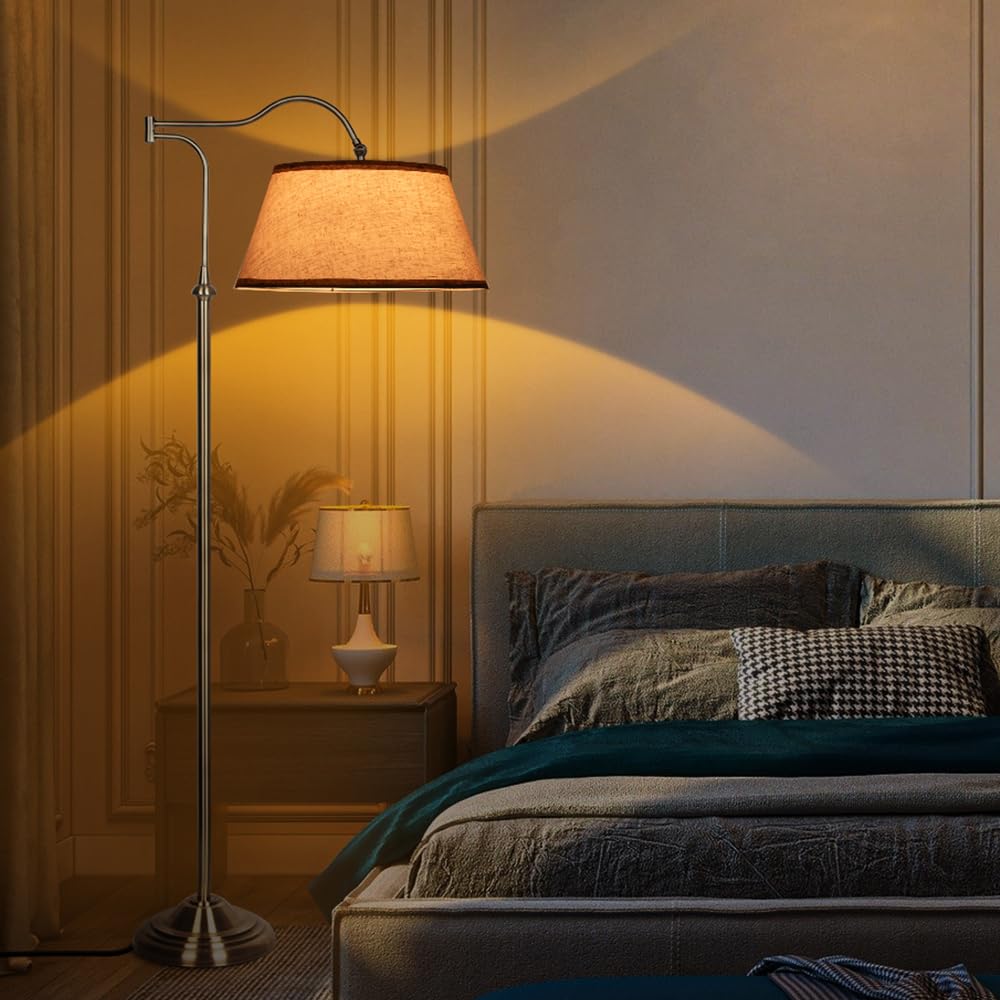 Lampada da terra con braccio oscillante, lampade da terra ad arco con braccio regolabile a 180° per soggiorno, lampada da terra Mid Century con paralume in lino, lampade alte per camera da letto