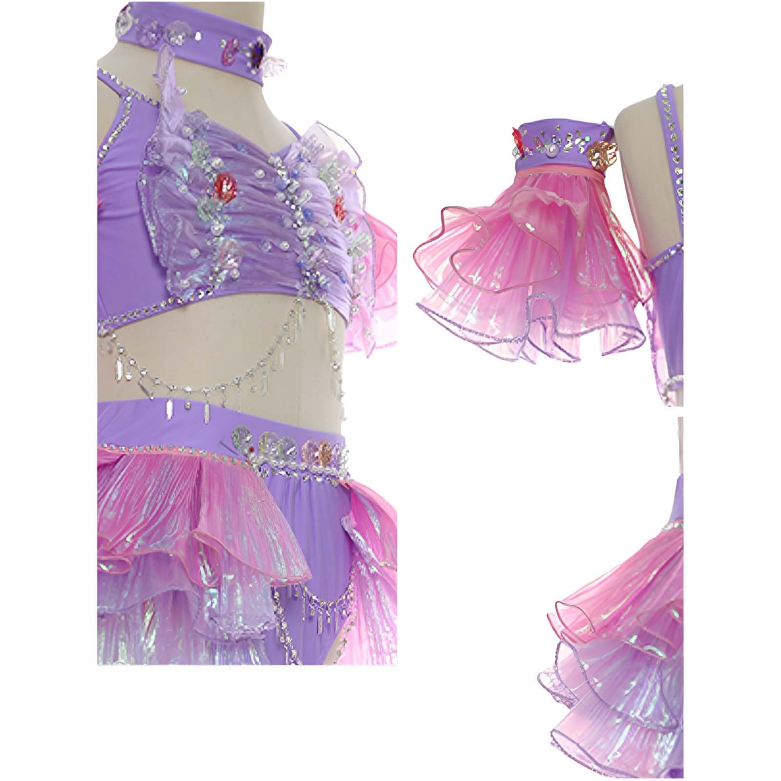 Costume da Danza Lirica Donna Due Pezzi con Balze per Competizione | Completo da Danza Classica, Spandex Elasticizzato con Gonna in Tulle a Balze e Maniche Rimovibili, Strass per Palco