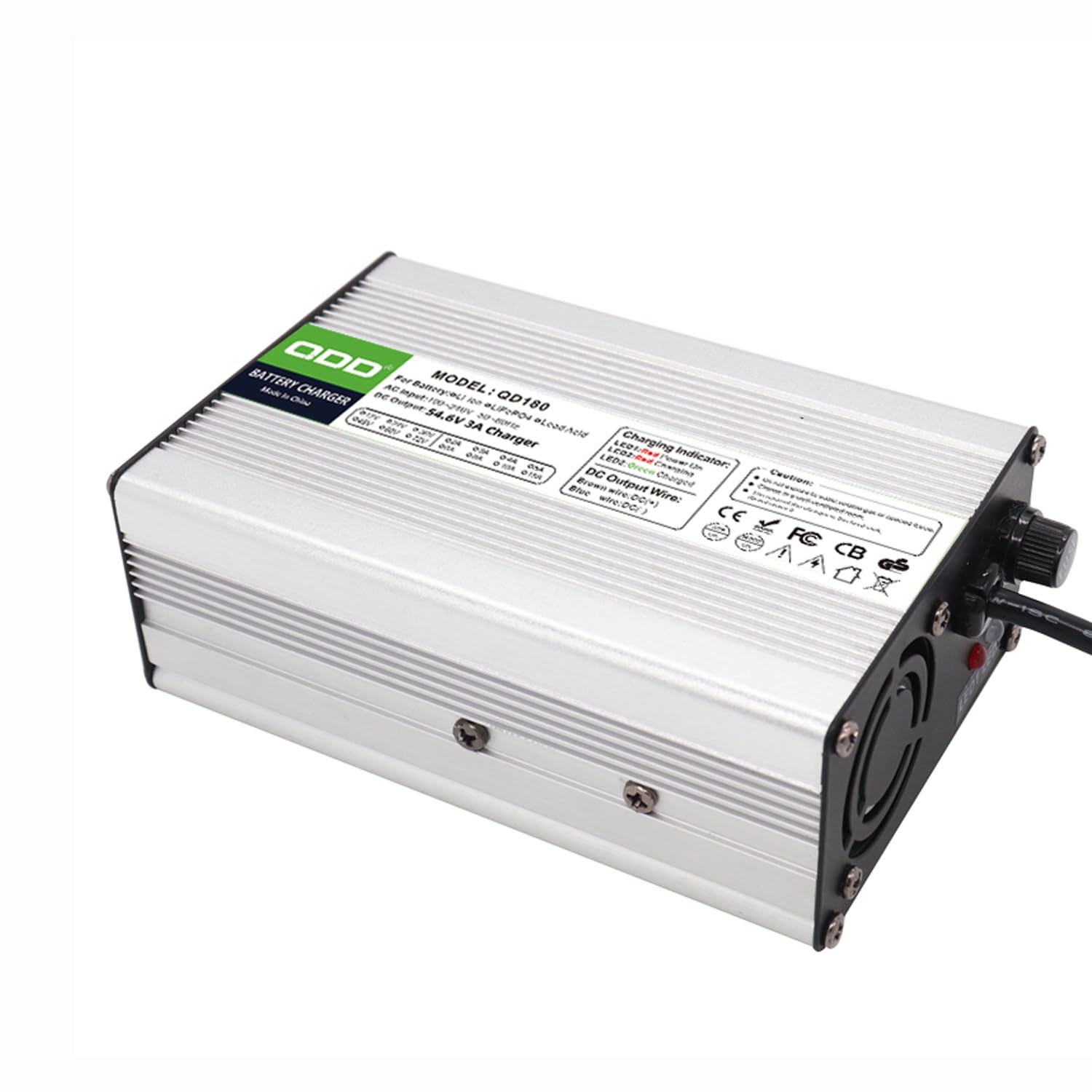 QDD Caricabatterie da 54,6 V, 3 A, caricabatterie intelligente per batteria al litio 48 V, 3 A, custodia in alluminio argentata, con uscita ventola di raffreddamento, connettore XLR