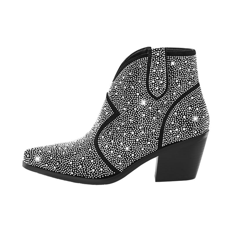 sexytag Women's Rhinestone Western Sparkly Cowboy Chelsea Boots Chunky Low Heel Pointed Toe Pull-On Short Ankle Booties