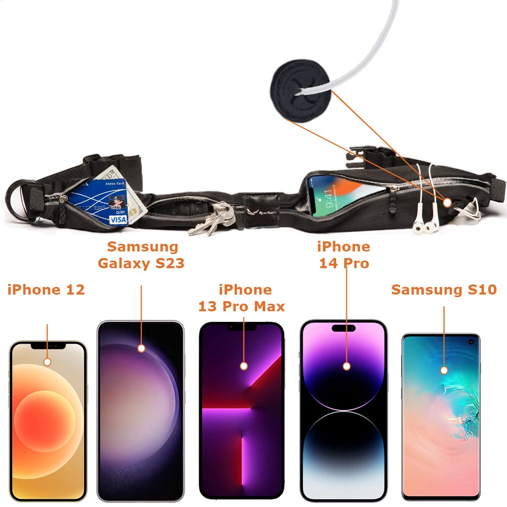 [Votado #1 Cinturón para correr] Riñonera para corredores con bolsillo de bloqueo RFID, para iPhone 7, 8, 8+, X 11, 12, 13, 14 y Android Samsung. Sin rebote, impermeable, elegante negro, tamaño