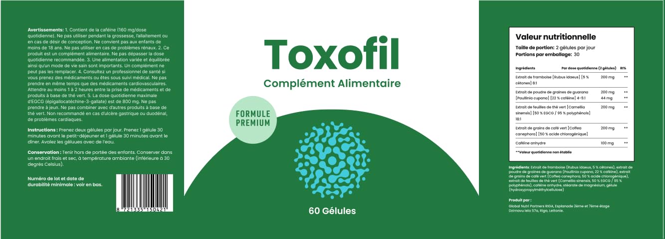 Toxofil – Formule végétale avec extrait de café vert & framboise | 60 gélules – 450 mg