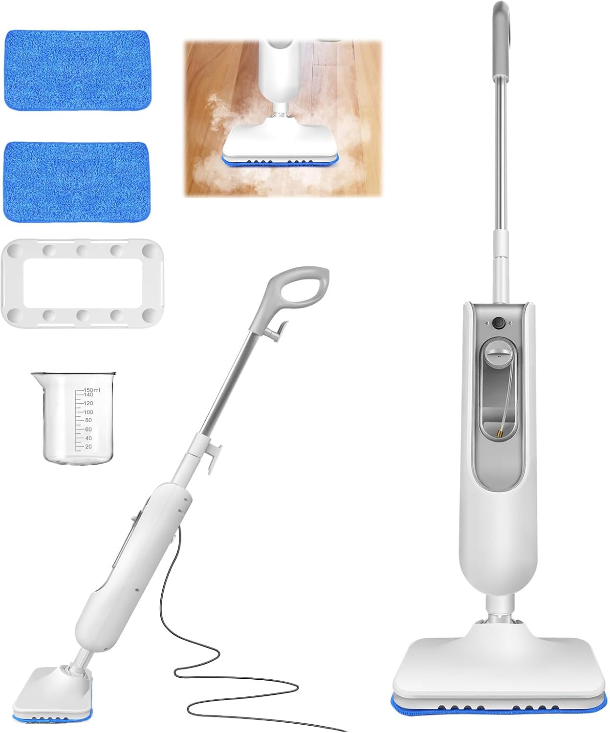 Steam Cleaner, Handheld Steam Mop with 2 Washable Pads, Powerful Multipurpose Portable Steamer for Cleaning to Remove Grime, Grease, for Multi-Purpose and Multi-Surface Floors, 16ft Power Cord