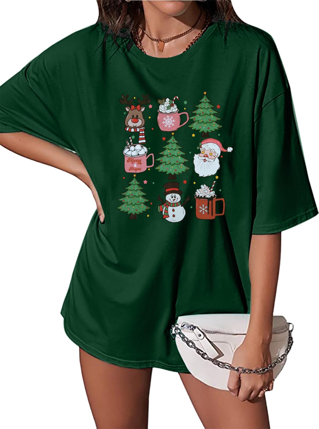 Christmas Shirts Women Oversized Xmas Tree Shirts Santa Snowman Reindeer Graphic Tees Winter Coffee Short Sleeve Tops