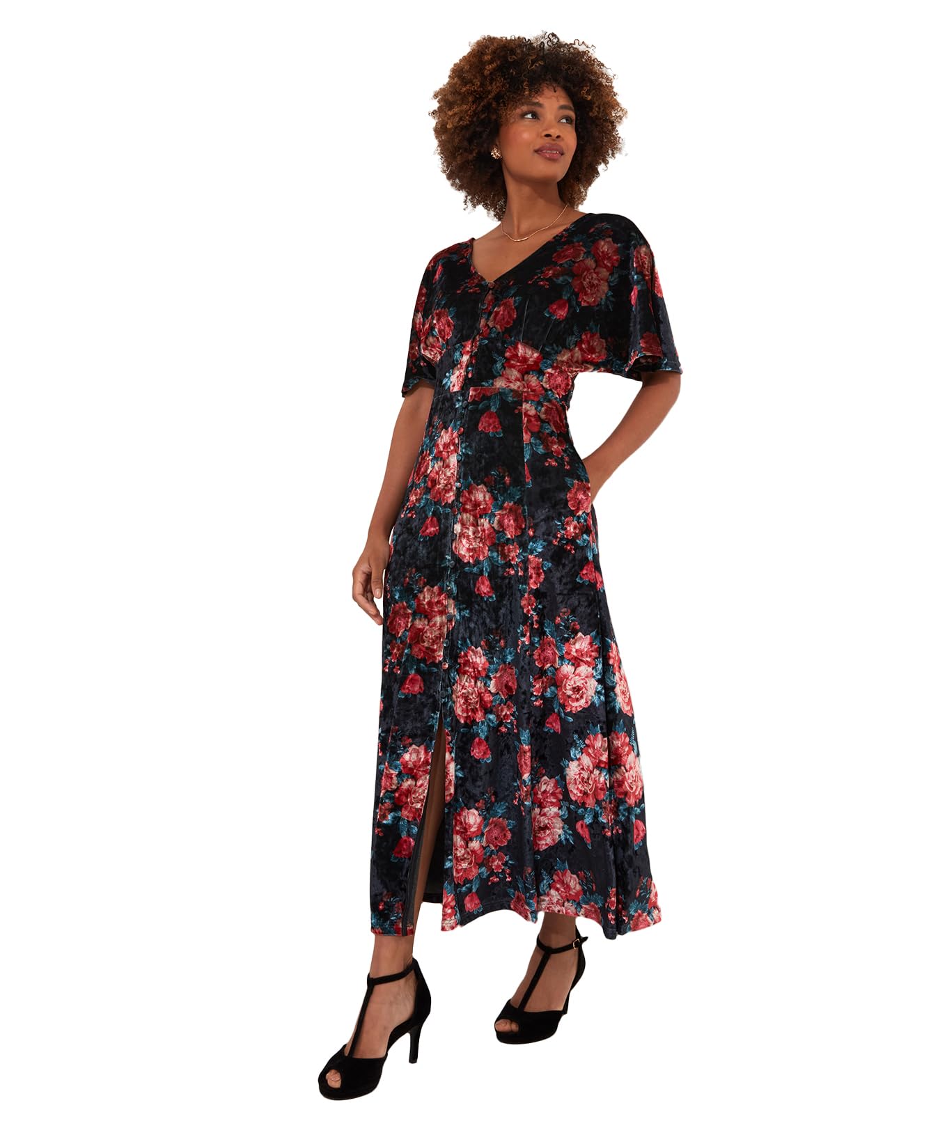 Joe Browns Rose Floral Tie Waist Velour V-Neck Dress Robe, Noir, 38 Femme