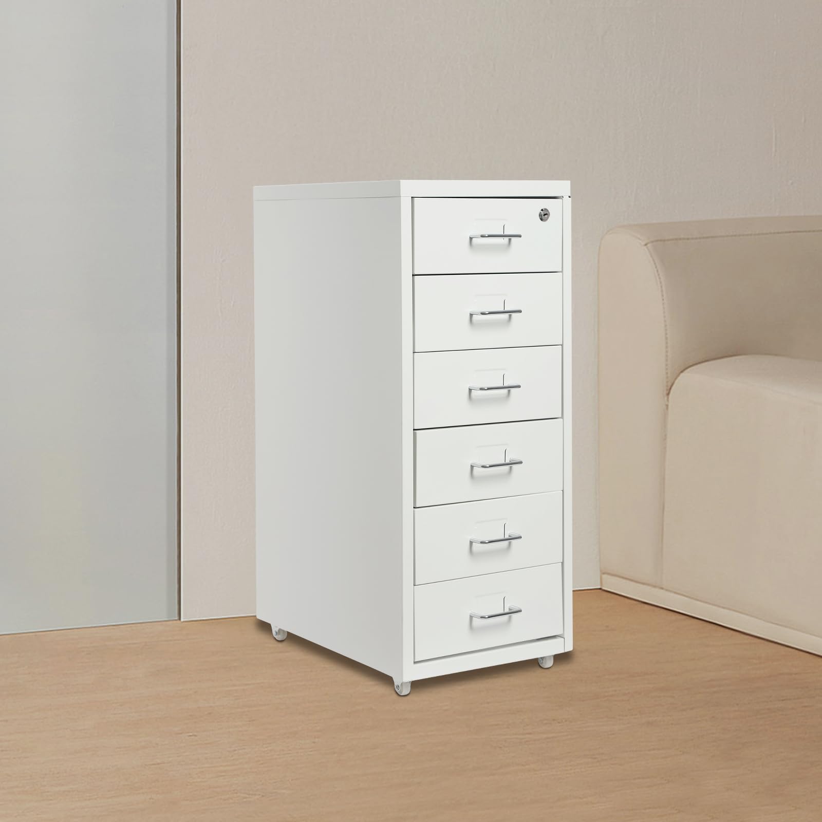 Archivador vertical con 6 cajones, armario con ruedas, armario de metal con diseño anticaídas, fácil de mover para la oficina en casa, almacenamiento organizado, ahorra espacio
