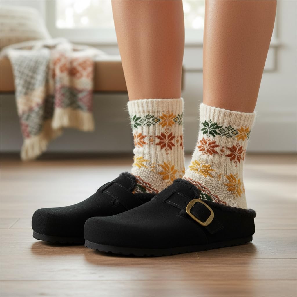 CUSHIONAIRE Haven Genuine Leather Clogs for Women – Faux Fur Lined Slip-On Womens Shoes with Cork Footbed and Adjustable Buckle - Image 3