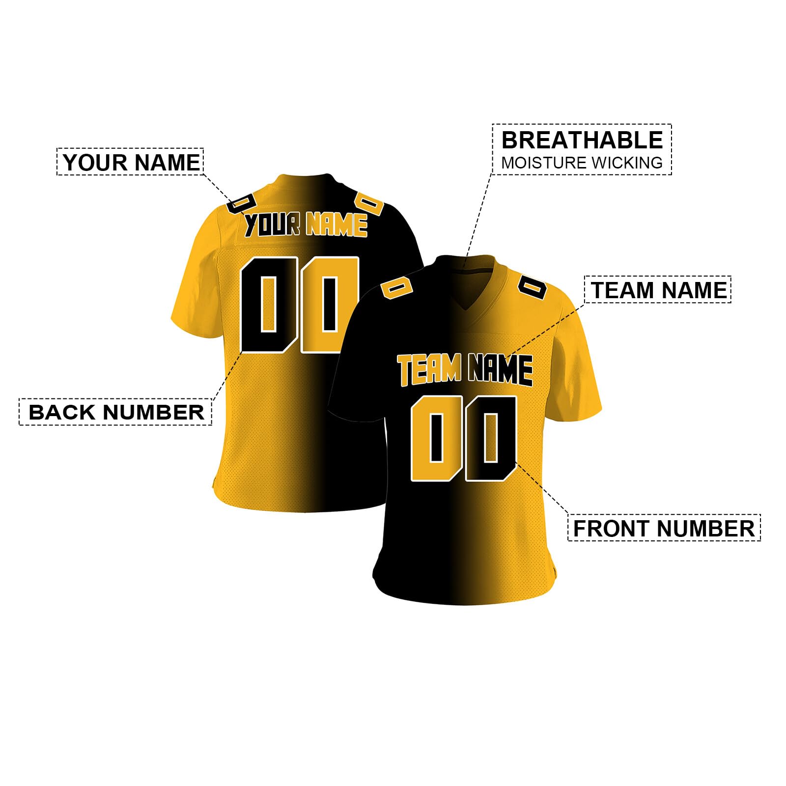 Custom Football Jersey Men Women Youth Personalized Stitched Printed Team Name Number Mesh Gradient Football Uniform S-7XL Black-Yellow