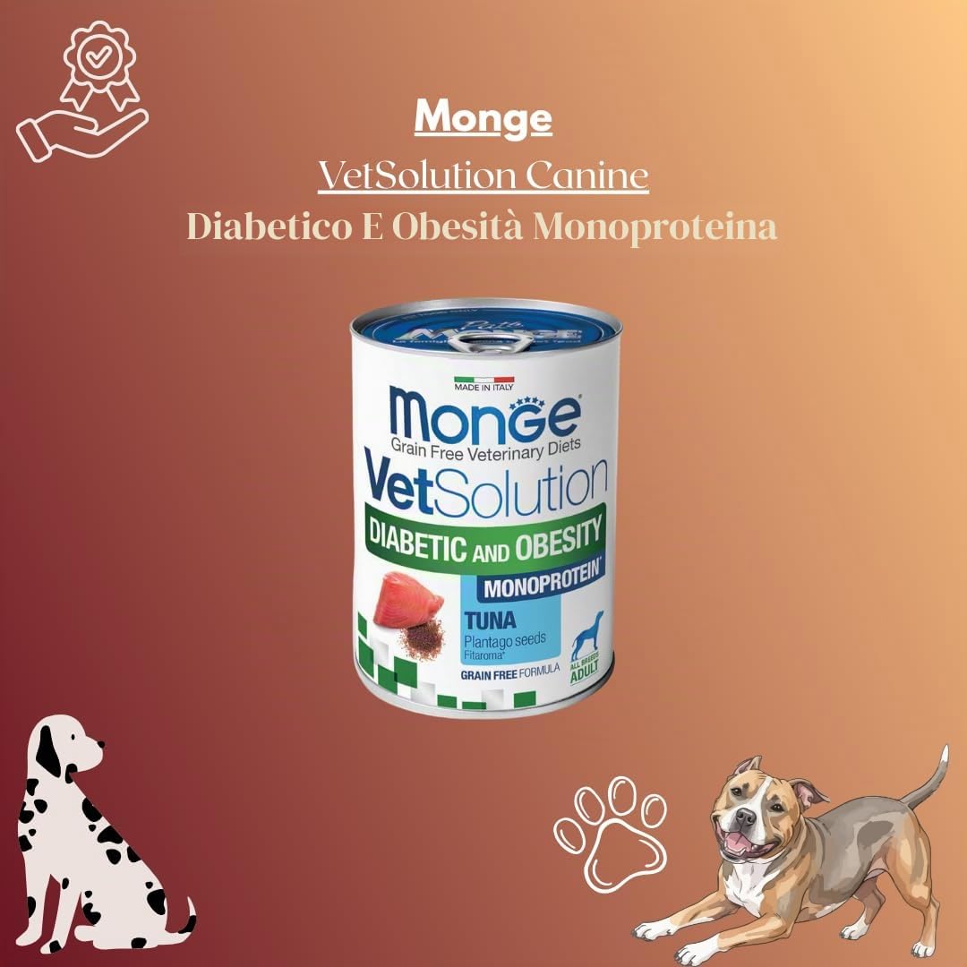 MONGE Cane VetSolution Canine Diabetic And Obesity Monoprotein | alimento dietetico completo per cani, per la riduzione del peso e per il Diabete mellito, Made in Italy, 6 lattine da 400 grammi.
