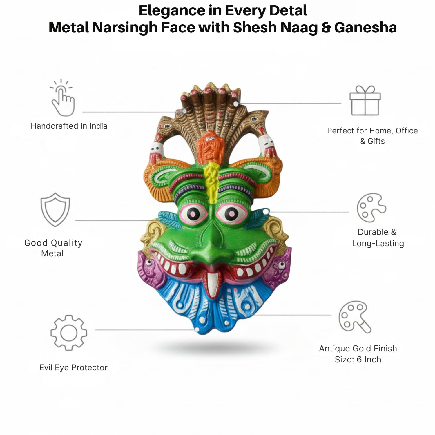 Salvus APP SOLUTIONS Sacred Guardian: Metal Narsingh Kirtimukha Wall Hanging with Shesh Naag & Ganesha Mask Wall Hanging Nazar Battu—Divine Protection and Evil Eye Shield for Your Home (Green_6 INCH) 1