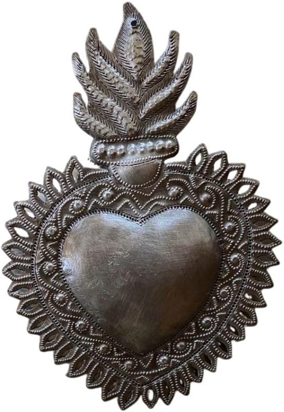 Decoración de pared de corazón de metal Milagro, corazón flameante, hecho a mano, 7 x 10 pulgadas, Haití, adorno, hecho a mano, adornos únicos