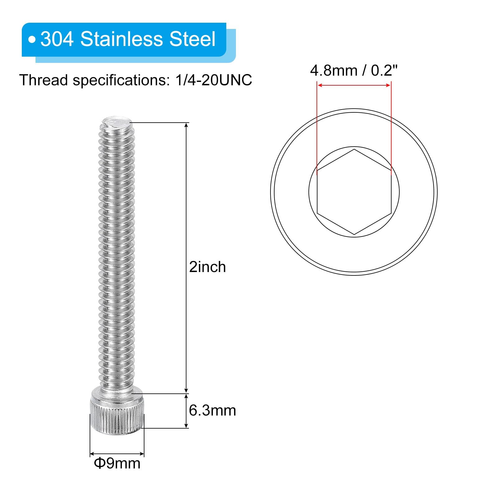 PATIKIL 1/4-20 x 2" Hex Socket Cap Head Screw Bolt, 30Pcs 304 Stainless Steel 18-8 - Image 2