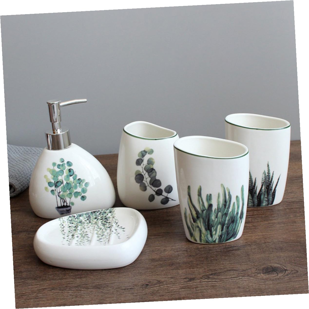 LIFKOME 5 pezzi Accessori Bagno in Ceramica Verde con Porta Spazzolini Flacone Lozione e Vassoio Sapone Superficie Liscia Facile da Pulire Resistente e Decorativo per Bagno Quotidiano