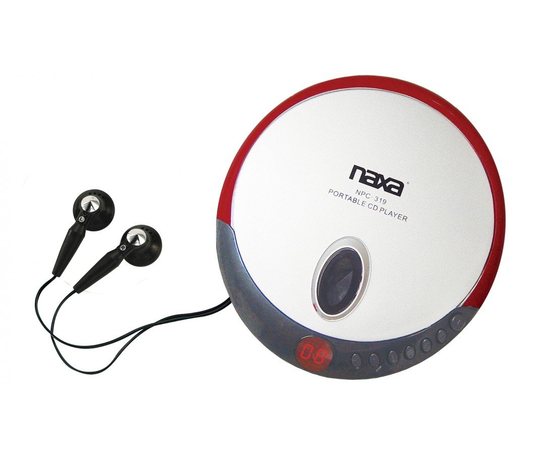 Naxa NPC-319 Slim Personal Compact Disc Player with Stereo Earphones, CD & CD-R Compatible, 2 Way Power, Programmable Track Memory, LCD Display, Red