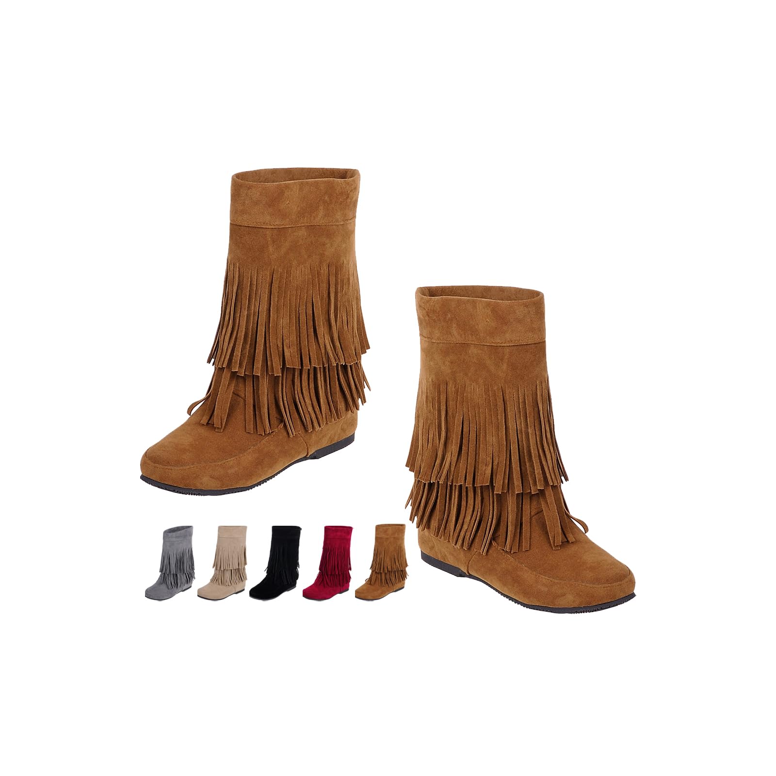 Womens Faux Suede 2 Layer Tassel Fringe Ankle Boots Classic Fringe Moccasin Suede Mid Calf Boot Fashion Retro