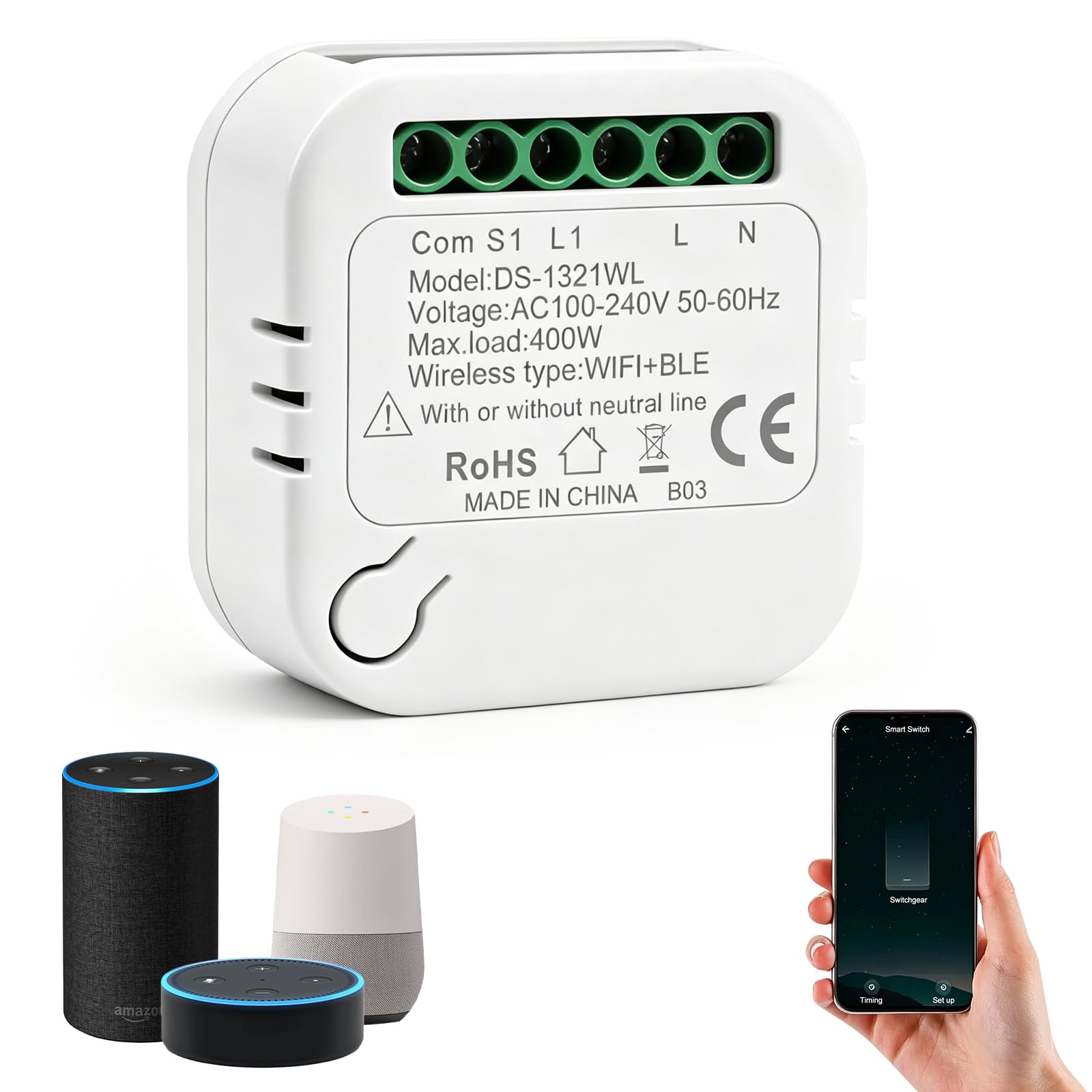 1 Pieza Inteligente Luz Interruptor Sin Neutro, WiFi Interruptor Inteligente Módulo Compatible con Alexa & Google Assistant, Mini Smart Switch WIFI con Tuya y Smart Life