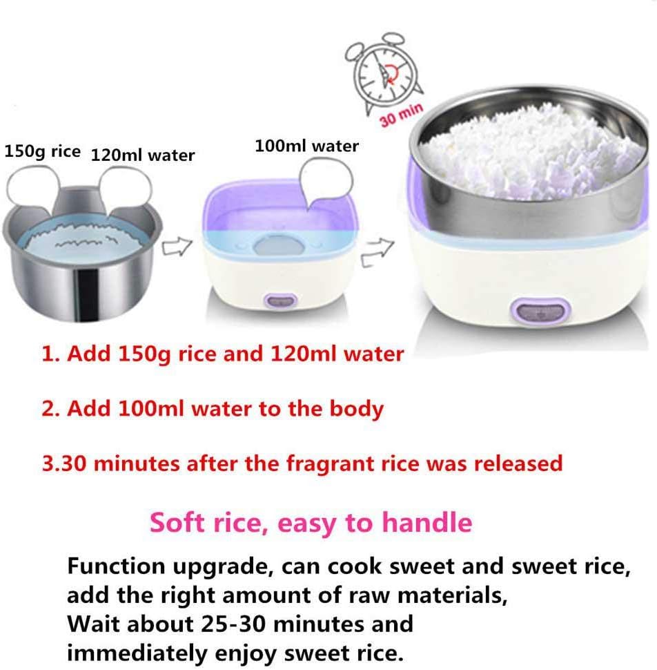 Multifunctional Electric Lunch Box, Mini Rice Cooker, Portable Food Heater Steamer with Stainless Steel Bowls, Egg Steaming Rack, Spoon, Measuring Cup for Use in Office Outdoor School