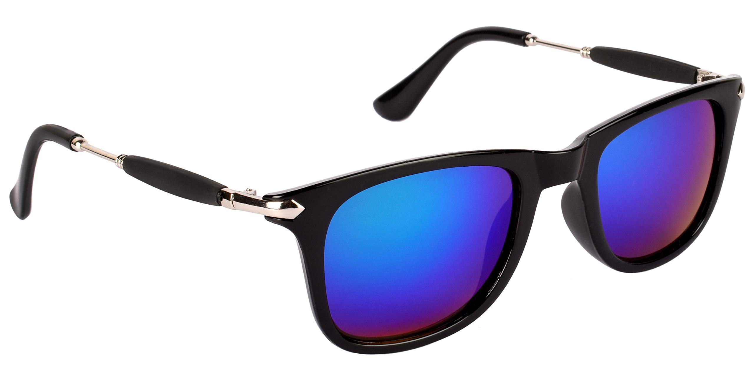 Mirrored Rectangular Unisex Sunglasses - (Mirror Green-Blue Lens | Black-Steel Frame | Medium Size | NW-2448-29)