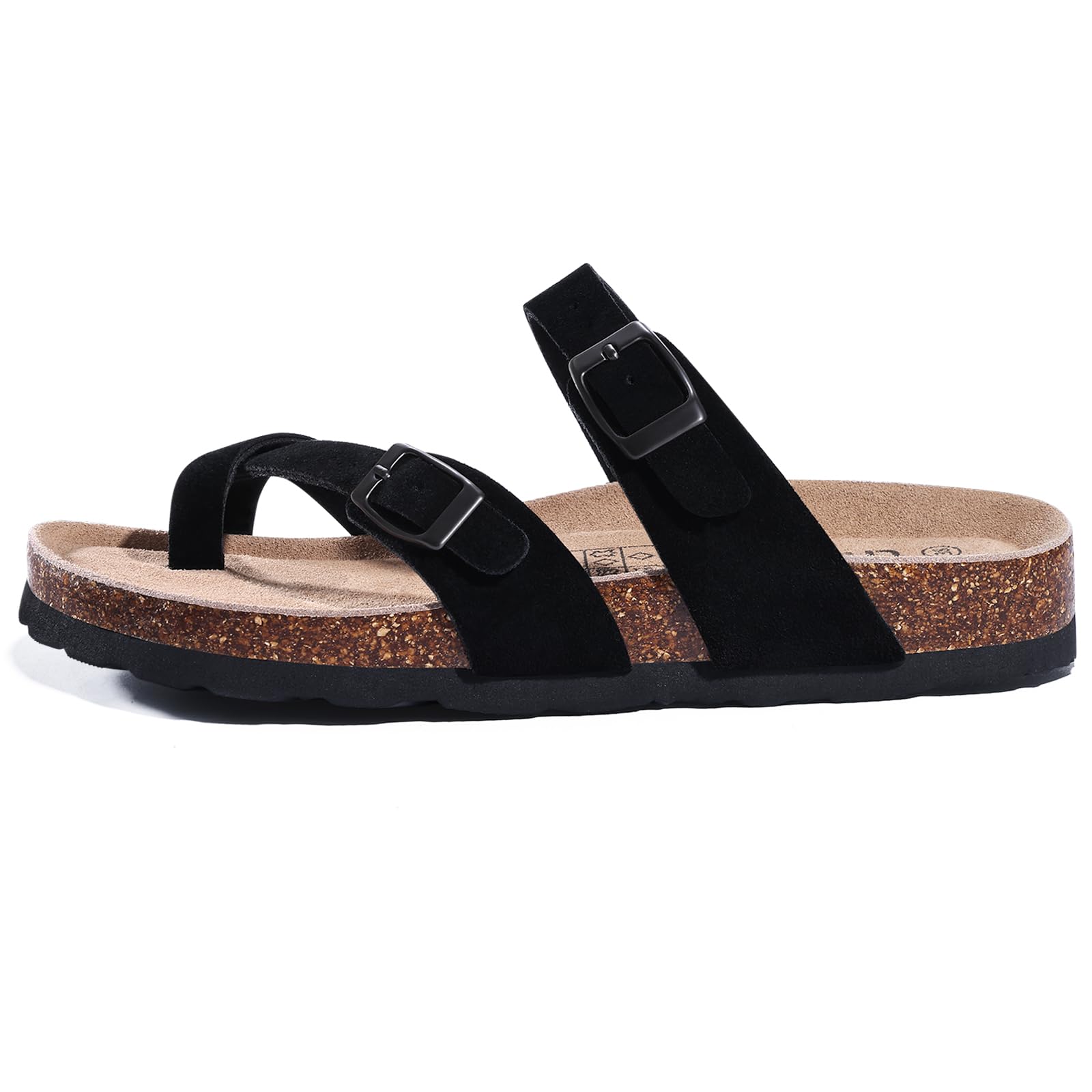 Litfun Damen Wildleder Pantoletten Sandale mit Korkfußbett, Sommer Zehentrenner Sandale mit verstellbarer Schnalle