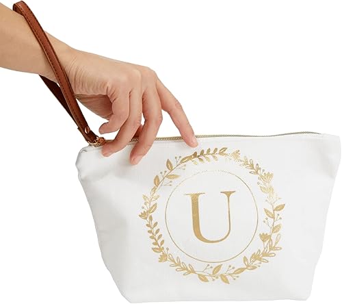 Miniatura 3 de Bolsa de maquillaje personalizada con inicial dorada para mujer, bolsa de cosméticos de lona con monograma, color blanco, Blanco, Dorado, U