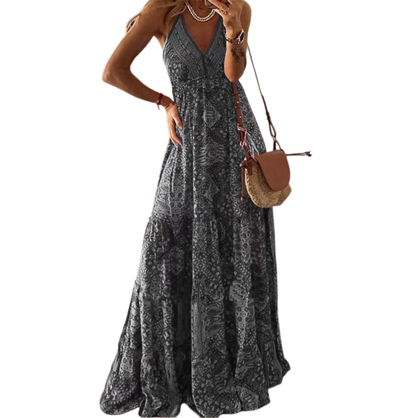 Abito Donna Boho Floral Halter Maxi V Collo A Livelli Lungo Abito, Alta Vita Ruffle Bohemian Abito-Red-XXXL